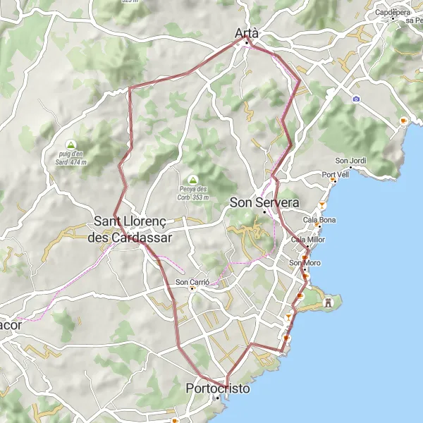 Miniatura della mappa di ispirazione al ciclismo "Giro in bicicletta gravel da Artà a Via Verda" nella regione di Illes Balears, Spain. Generata da Tarmacs.app, pianificatore di rotte ciclistiche