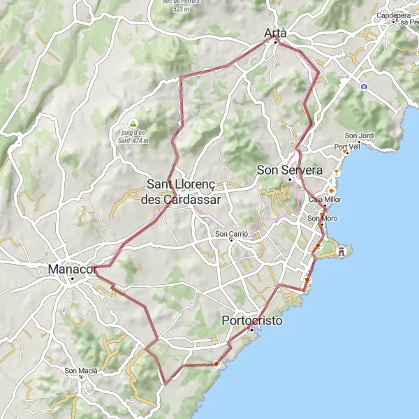Miniature de la carte de l'inspiration cycliste "Randonnée épique de gravel de 63 km autour d'Artà" dans la Illes Balears, Spain. Générée par le planificateur d'itinéraire cycliste Tarmacs.app