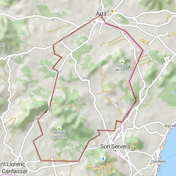 Miniaturekort af cykelinspirationen "Grusrute fra Artà til Via Verda" i Illes Balears, Spain. Genereret af Tarmacs.app cykelruteplanlægger