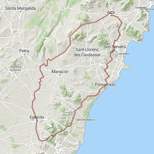 Miniatua del mapa de inspiración ciclista "Ruta ciclista de montaña desde Artà a Felanitx" en Illes Balears, Spain. Generado por Tarmacs.app planificador de rutas ciclistas