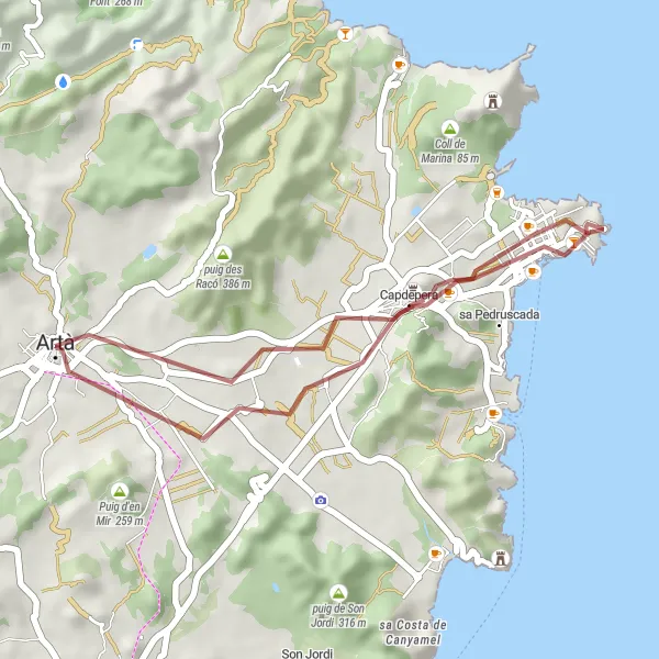 Miniature de la carte de l'inspiration cycliste "Expédition de gravel de 29 km autour d'Artà" dans la Illes Balears, Spain. Générée par le planificateur d'itinéraire cycliste Tarmacs.app