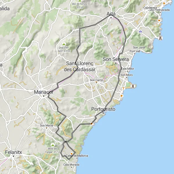 Miniatua del mapa de inspiración ciclista "Ruta en bicicleta de carretera desde Artà" en Illes Balears, Spain. Generado por Tarmacs.app planificador de rutas ciclistas