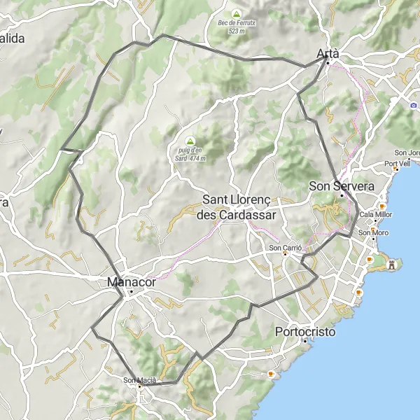 Miniatua del mapa de inspiración ciclista "Ruta en bicicleta de carretera alrededor de Artà" en Illes Balears, Spain. Generado por Tarmacs.app planificador de rutas ciclistas