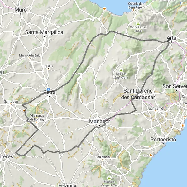 Miniaturní mapa "Challenging Road Cycling Expedition to Manacor and Petra" inspirace pro cyklisty v oblasti Illes Balears, Spain. Vytvořeno pomocí plánovače tras Tarmacs.app