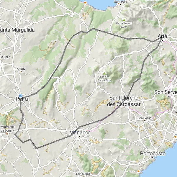 Miniaturní mapa "Road Cycling Tour to Manacor and Petra" inspirace pro cyklisty v oblasti Illes Balears, Spain. Vytvořeno pomocí plánovače tras Tarmacs.app