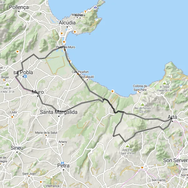 Miniatura della mappa di ispirazione al ciclismo "Giro in bicicletta stradale da Artà a Via Verda" nella regione di Illes Balears, Spain. Generata da Tarmacs.app, pianificatore di rotte ciclistiche