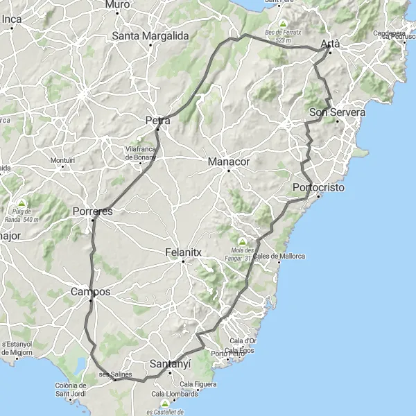 Miniatua del mapa de inspiración ciclista "Ruta ciclista de Artà a través de Mallorca" en Illes Balears, Spain. Generado por Tarmacs.app planificador de rutas ciclistas
