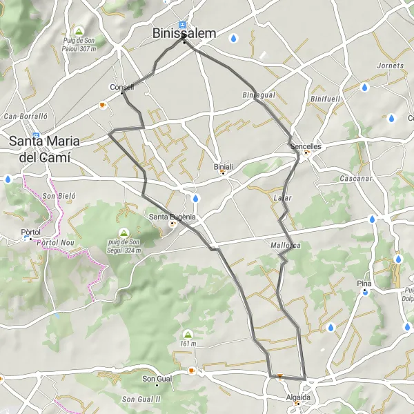 Miniatura della mappa di ispirazione al ciclismo "Tour ciclistico tra Binissalem e Santa Eugènia" nella regione di Illes Balears, Spain. Generata da Tarmacs.app, pianificatore di rotte ciclistiche