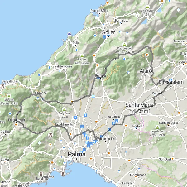 Map miniature of "Binissalem to Orient Loop" cycling inspiration in Illes Balears, Spain. Generated by Tarmacs.app cycling route planner