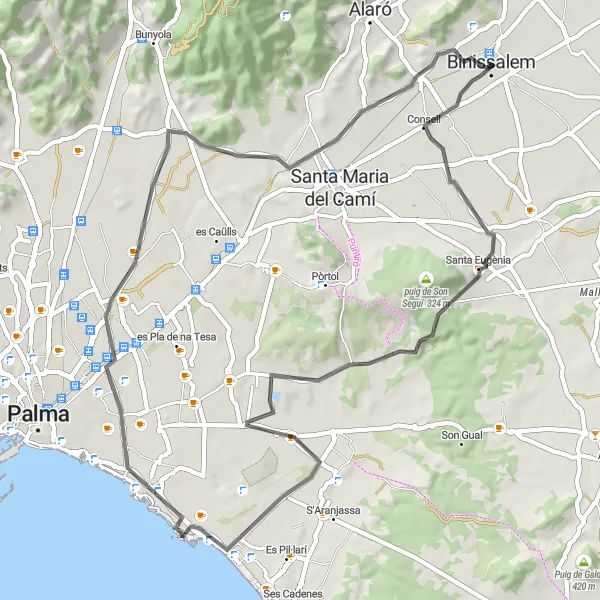 Map miniature of "Binissalem to Sant Jordi" cycling inspiration in Illes Balears, Spain. Generated by Tarmacs.app cycling route planner