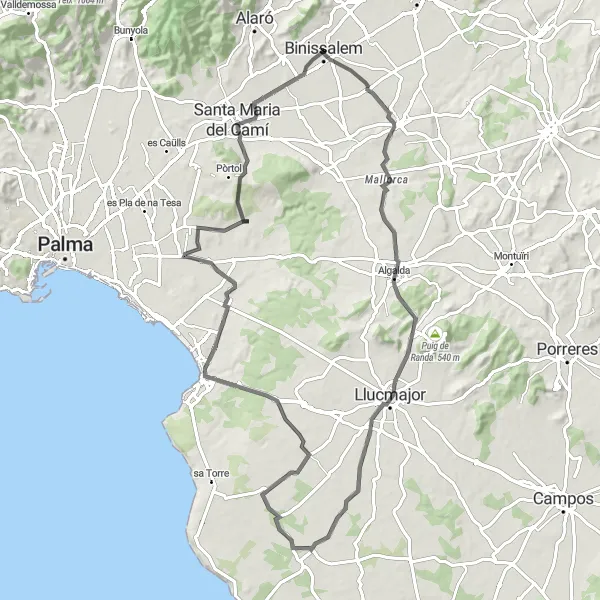 Miniatura della mappa di ispirazione al ciclismo "Tour ciclistico da Binissalem al Capocorb Vell" nella regione di Illes Balears, Spain. Generata da Tarmacs.app, pianificatore di rotte ciclistiche