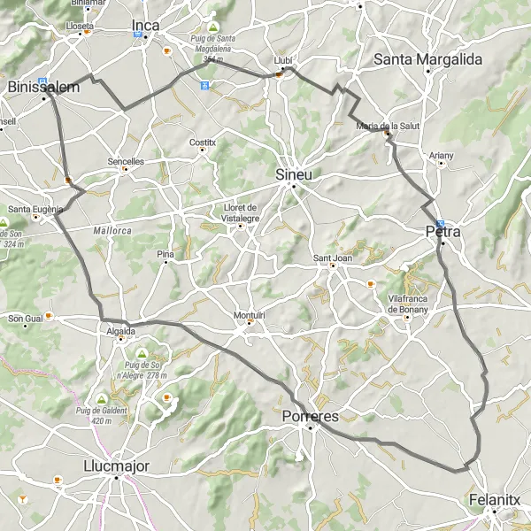 Miniaturní mapa "Kolečko kolem Binissalemu a Porreres" inspirace pro cyklisty v oblasti Illes Balears, Spain. Vytvořeno pomocí plánovače tras Tarmacs.app