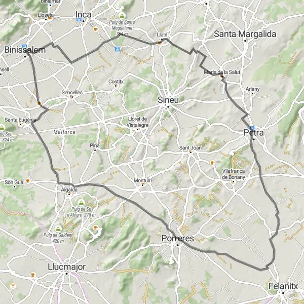 Map miniature of "Binissalem to Porreres Loop" cycling inspiration in Illes Balears, Spain. Generated by Tarmacs.app cycling route planner