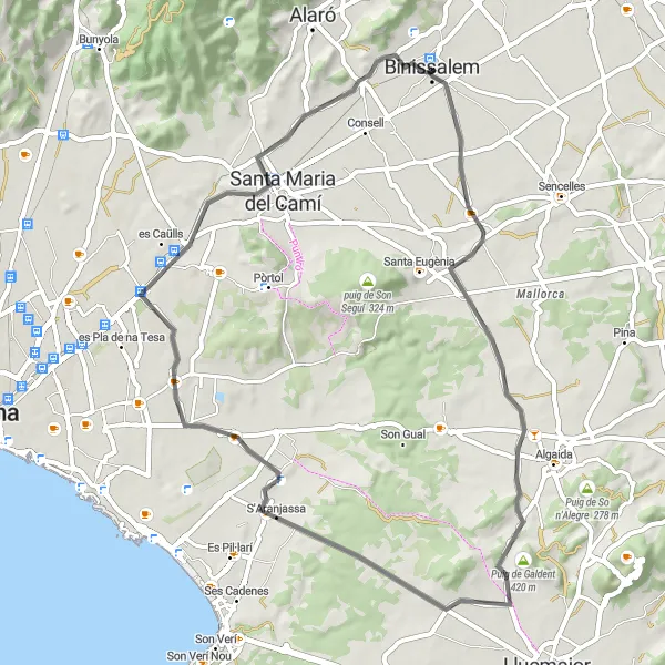 Map miniature of "Binissalem to Santa Maria del Camí" cycling inspiration in Illes Balears, Spain. Generated by Tarmacs.app cycling route planner