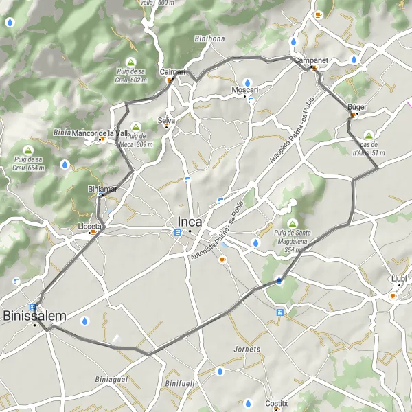 Miniatua del mapa de inspiración ciclista "Ruta de ciclismo de carretera hacia Puig de Son Boscà" en Illes Balears, Spain. Generado por Tarmacs.app planificador de rutas ciclistas