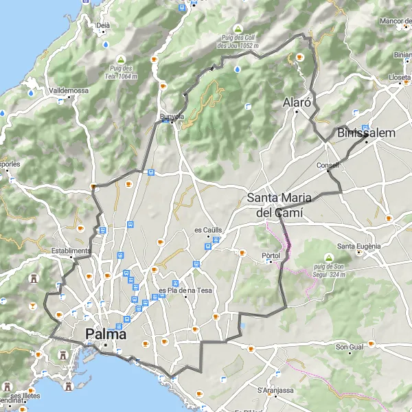 Map miniature of "Binissalem to es Puig Ventós Loop" cycling inspiration in Illes Balears, Spain. Generated by Tarmacs.app cycling route planner