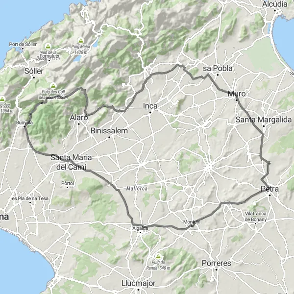 Map miniature of "Bunyola to Muro Loop" cycling inspiration in Illes Balears, Spain. Generated by Tarmacs.app cycling route planner