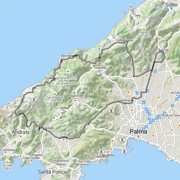 Miniatura della mappa di ispirazione al ciclismo "Avventurosa pedalata da Bunyola" nella regione di Illes Balears, Spain. Generata da Tarmacs.app, pianificatore di rotte ciclistiche