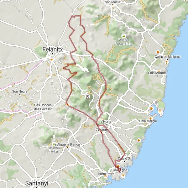 Map miniature of "Gravel Adventure: Cala d'Or to Sant Salvador" cycling inspiration in Illes Balears, Spain. Generated by Tarmacs.app cycling route planner