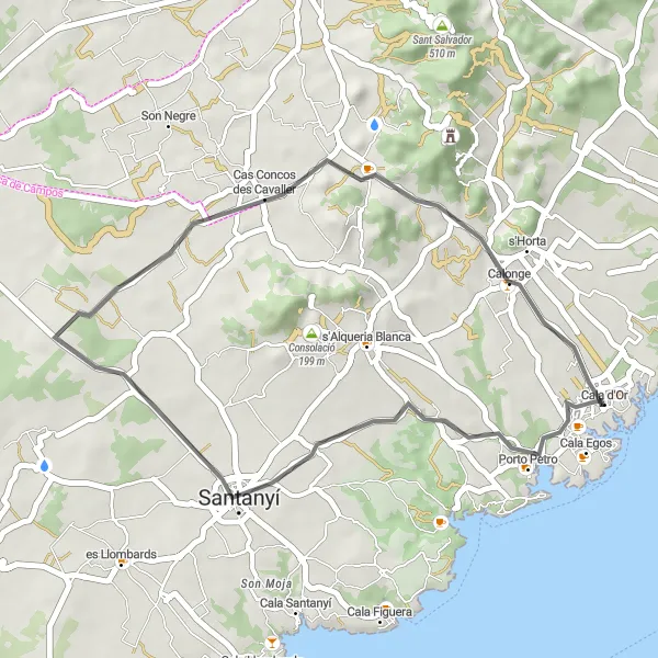 Map miniature of "Santanyí Loop" cycling inspiration in Illes Balears, Spain. Generated by Tarmacs.app cycling route planner