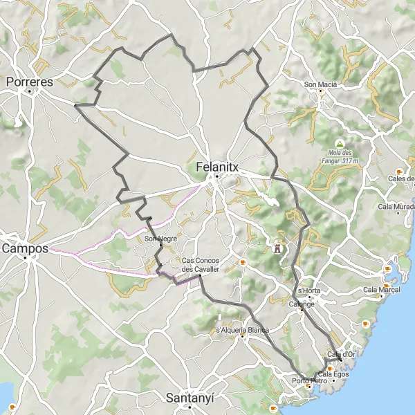 Miniatura della mappa di ispirazione al ciclismo "Giro in bicicletta da Cala d'Or a sa Penya Bosca e Puig des Hams" nella regione di Illes Balears, Spain. Generata da Tarmacs.app, pianificatore di rotte ciclistiche