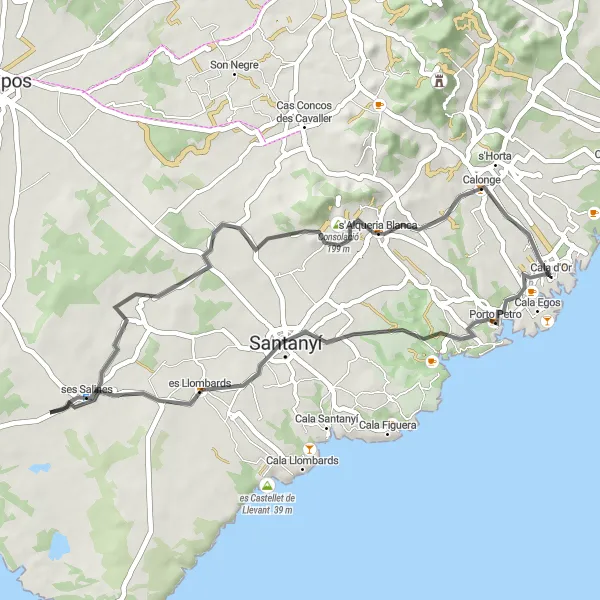 Miniatura mapy "Wycieczka rowerowa na szosie przez Porto Petro i s'Alqueria Blanca" - trasy rowerowej w Illes Balears, Spain. Wygenerowane przez planer tras rowerowych Tarmacs.app