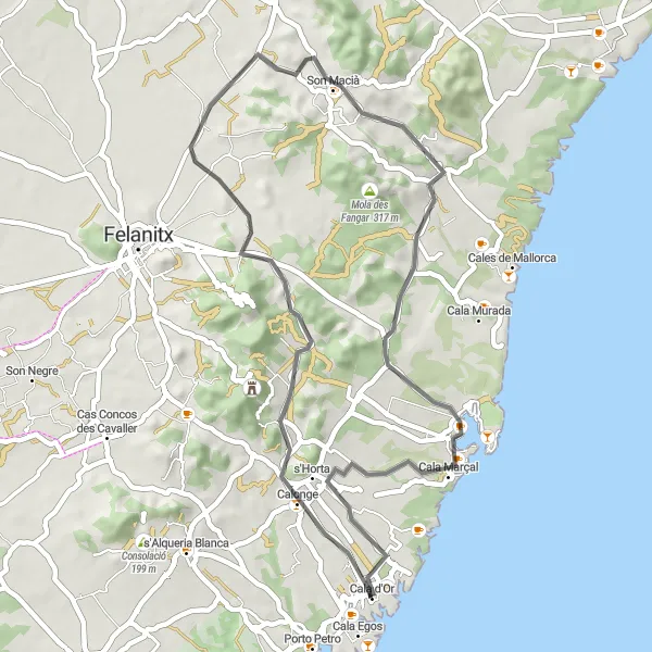 Map miniature of "Coastal Ride: Cala d'Or to Cala Ferrera" cycling inspiration in Illes Balears, Spain. Generated by Tarmacs.app cycling route planner
