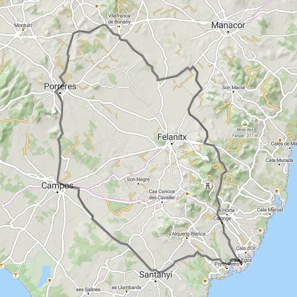 Miniatura mapy "Trasa na szosie do Porto Petro i Cala d'Or" - trasy rowerowej w Illes Balears, Spain. Wygenerowane przez planer tras rowerowych Tarmacs.app