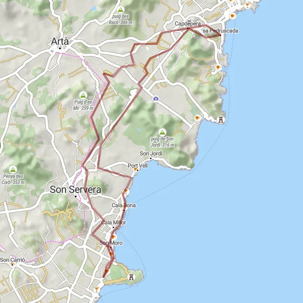 Miniature de la carte de l'inspiration cycliste "Les collines de Cala Rajada" dans la Illes Balears, Spain. Générée par le planificateur d'itinéraire cycliste Tarmacs.app