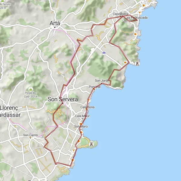 Miniatua del mapa de inspiración ciclista "Recorrido en bicicleta por la costa y las cuevas cerca de Cala Rajada" en Illes Balears, Spain. Generado por Tarmacs.app planificador de rutas ciclistas