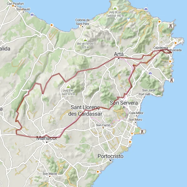 Miniatuurkaart van de fietsinspiratie "Avontuurlijke grindroute" in Illes Balears, Spain. Gemaakt door de Tarmacs.app fietsrouteplanner