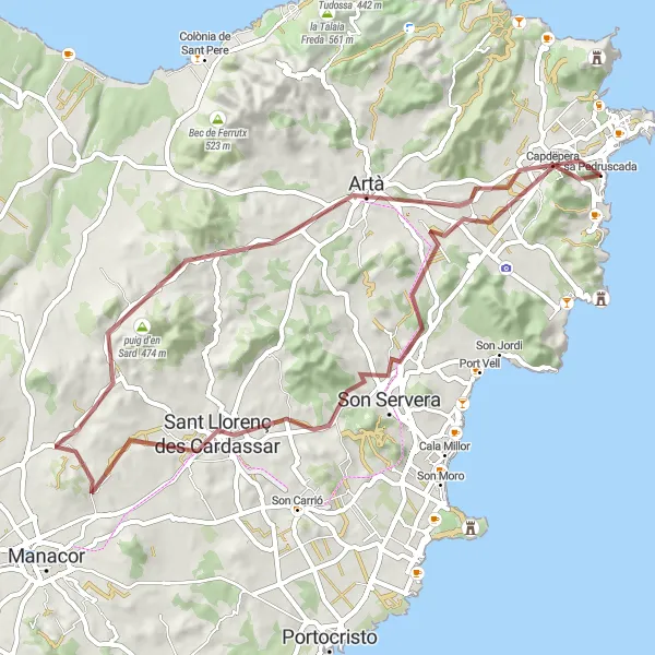 Miniatura della mappa di ispirazione al ciclismo "Giro in Gravel tra Cala Rajada e Capdepera" nella regione di Illes Balears, Spain. Generata da Tarmacs.app, pianificatore di rotte ciclistiche