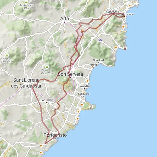Miniature de la carte de l'inspiration cycliste "Exploration de l'est de Mallorca en gravel" dans la Illes Balears, Spain. Générée par le planificateur d'itinéraire cycliste Tarmacs.app