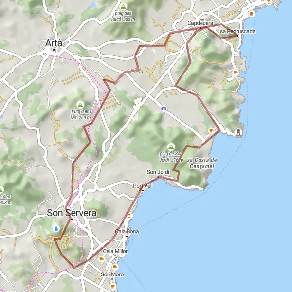 Miniature de la carte de l'inspiration cycliste "Cala Rajada - Capdepera Gravel Adventure" dans la Illes Balears, Spain. Générée par le planificateur d'itinéraire cycliste Tarmacs.app