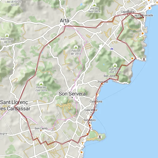 Miniature de la carte de l'inspiration cycliste "Aventure gravel le long de la côte est" dans la Illes Balears, Spain. Générée par le planificateur d'itinéraire cycliste Tarmacs.app