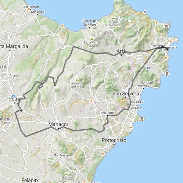 Miniatura della mappa di ispirazione al ciclismo "Giro in bici Cala Rajada - Artà - Manacor" nella regione di Illes Balears, Spain. Generata da Tarmacs.app, pianificatore di rotte ciclistiche