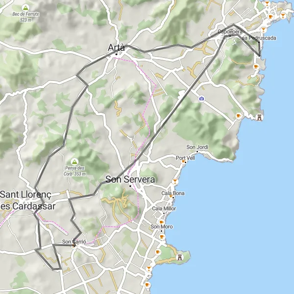 Miniatua del mapa de inspiración ciclista "Ruta en carretera: Descubre los tesoros ocultos cerca de Cala Rajada" en Illes Balears, Spain. Generado por Tarmacs.app planificador de rutas ciclistas