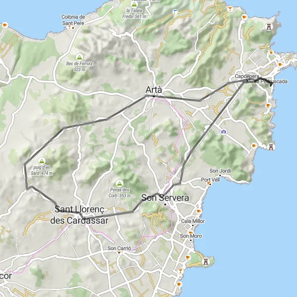 Miniature de la carte de l'inspiration cycliste "Cycling Tour to Capdepera" dans la Illes Balears, Spain. Générée par le planificateur d'itinéraire cycliste Tarmacs.app