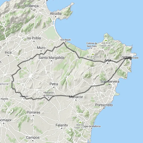 Miniaturekort af cykelinspirationen "Lang rute til Son Servera og Castell de Capdepera" i Illes Balears, Spain. Genereret af Tarmacs.app cykelruteplanlægger