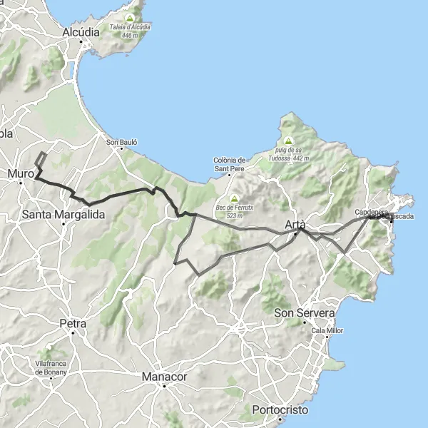 Miniaturekort af cykelinspirationen "Rundtur til Artà og Castell de Capdepera" i Illes Balears, Spain. Genereret af Tarmacs.app cykelruteplanlægger