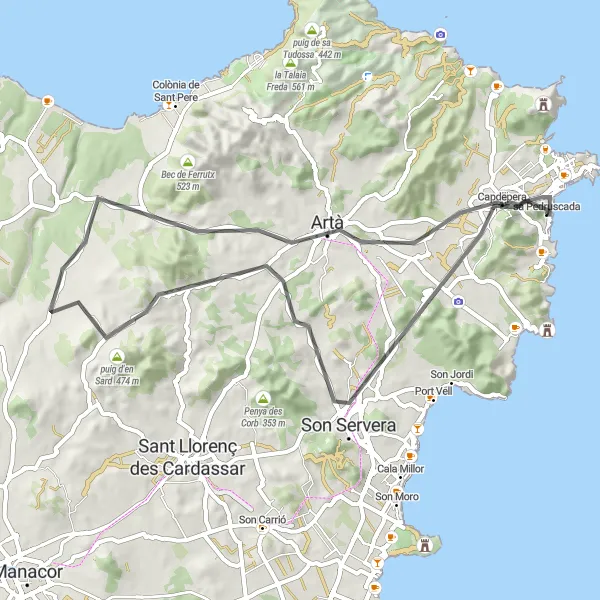 Miniatura mapy "Wycieczka rowerowa przez Capdepera, Torre d'es Mirador, Morell, Puig des Pou Colomer, Son Servera, Puig d'Arboçaret, Puig de sa Cova Negra i Castell de Capdepera" - trasy rowerowej w Illes Balears, Spain. Wygenerowane przez planer tras rowerowych Tarmacs.app