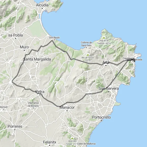 Miniatua del mapa de inspiración ciclista "Ruta en bici de carretera por el interior" en Illes Balears, Spain. Generado por Tarmacs.app planificador de rutas ciclistas