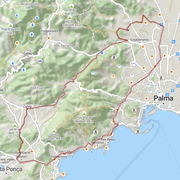 Miniatua del mapa de inspiración ciclista "Ruta de Grava: Calvià a Puig d'en Saragossa" en Illes Balears, Spain. Generado por Tarmacs.app planificador de rutas ciclistas
