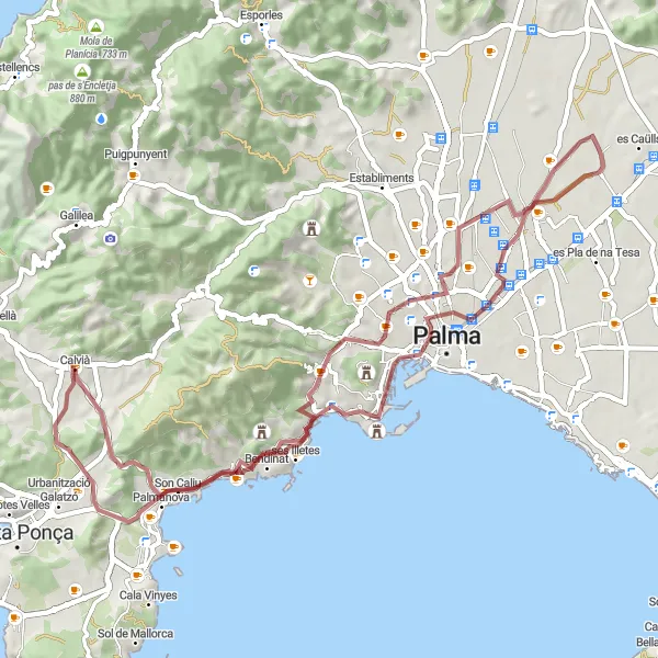 Miniatura della mappa di ispirazione al ciclismo "Giro in bicicletta gravel intorno a Calvià" nella regione di Illes Balears, Spain. Generata da Tarmacs.app, pianificatore di rotte ciclistiche