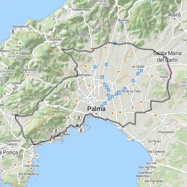 Miniaturní mapa "Horská vyjížďka s panoramatem" inspirace pro cyklisty v oblasti Illes Balears, Spain. Vytvořeno pomocí plánovače tras Tarmacs.app