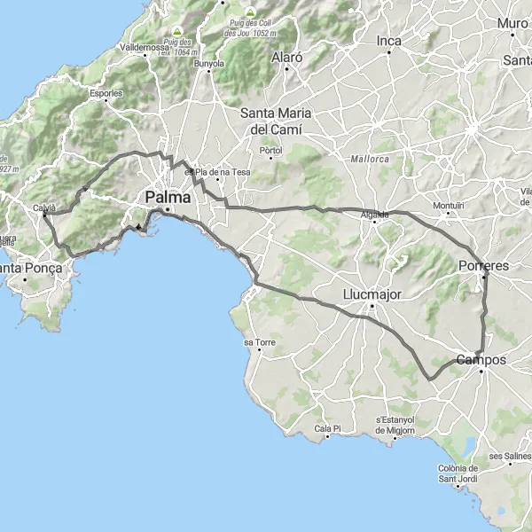 Map miniature of "Calvià to Palmanova Road Ride" cycling inspiration in Illes Balears, Spain. Generated by Tarmacs.app cycling route planner