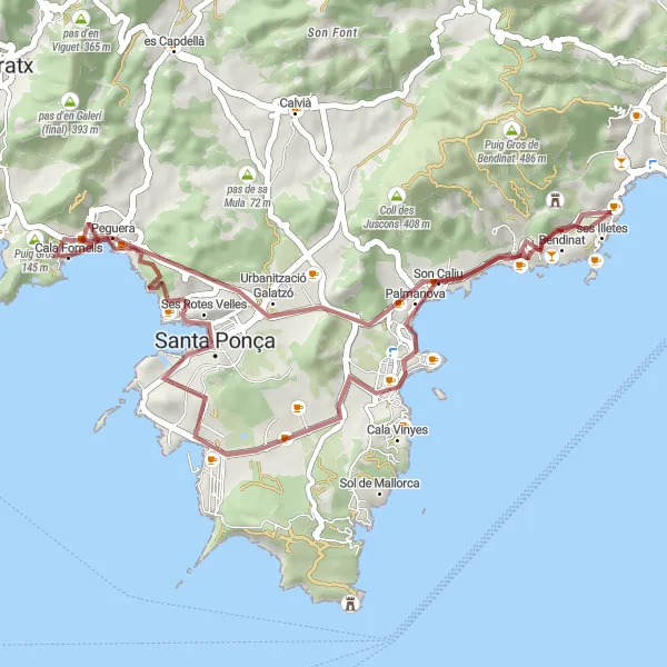 Miniatura della mappa di ispirazione al ciclismo "Avventura tra paesaggi mozzafiato" nella regione di Illes Balears, Spain. Generata da Tarmacs.app, pianificatore di rotte ciclistiche