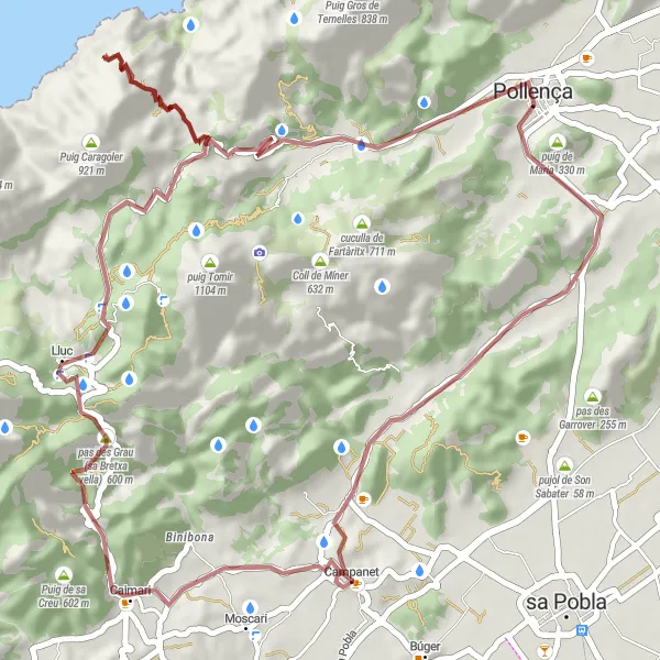 Map miniature of "Campanet - Caimari - Coll de Femenia - Pollença" cycling inspiration in Illes Balears, Spain. Generated by Tarmacs.app cycling route planner