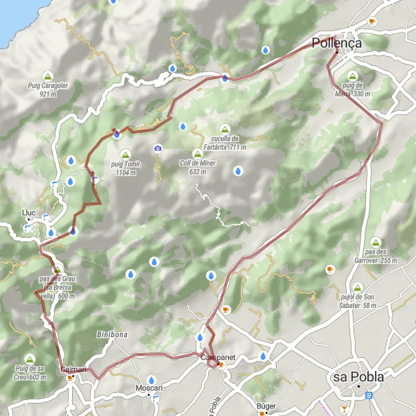 Map miniature of "Campanet - Caimari - Mirador de sa Llangonissa - es Pujol - Pollença - Puig de Sant Miquel" cycling inspiration in Illes Balears, Spain. Generated by Tarmacs.app cycling route planner