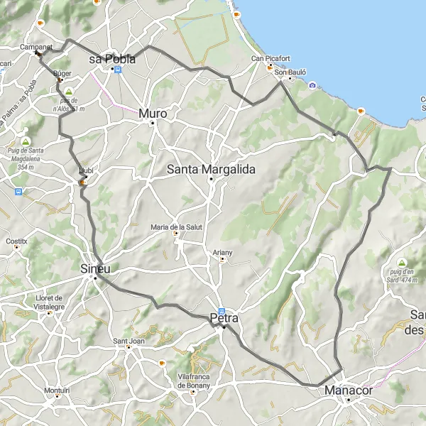 Map miniature of "Campanet - Petra - Son Real - Puig de Defla" cycling inspiration in Illes Balears, Spain. Generated by Tarmacs.app cycling route planner